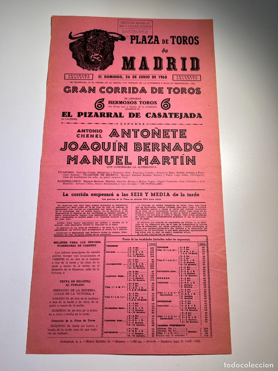 Tauromachie: CARTEL. PLAZA TOROS MADRID. 1960. GANADER&Iacute;A EL PIZARRAL. ANTO&Ntilde;ETE. JOAQUIN BERAND&Oacute;