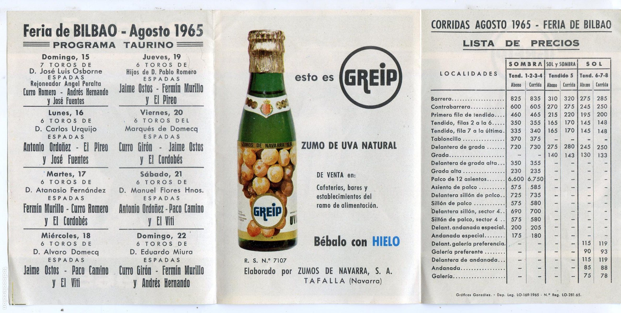 Tauromaquia: Tr&iacute;ptico de 1965 con el programa taurino de la Feria de Bilbao y precios - Foto 2