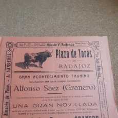 Tauromaquia: CARTEL DE TOROS. PLAZA DE TOROS DE BADAJOZ. 10 AGOSTO 1930. DIEGO DE LOS REYES Y ALFONSO SÁEZ