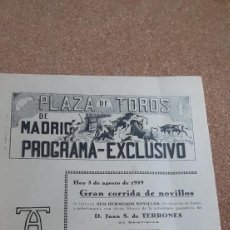 Tauromaquia: PROGRAMA DE TOROS. PLAZA DE MADRID. 3 DE AGOSTO DE 1939. PRESENTACIÓN DE ANTONIO BIENVENIDA.