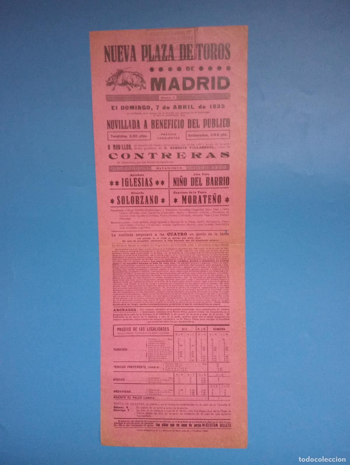Tauromaquia: CARTEL TOROS. MADRID. 1935. GANADERIA CONTRERAS. IGLESIAS. NI&Ntilde;O DEL BARRIO. MORATE&Ntilde;O. SOLORZANO.