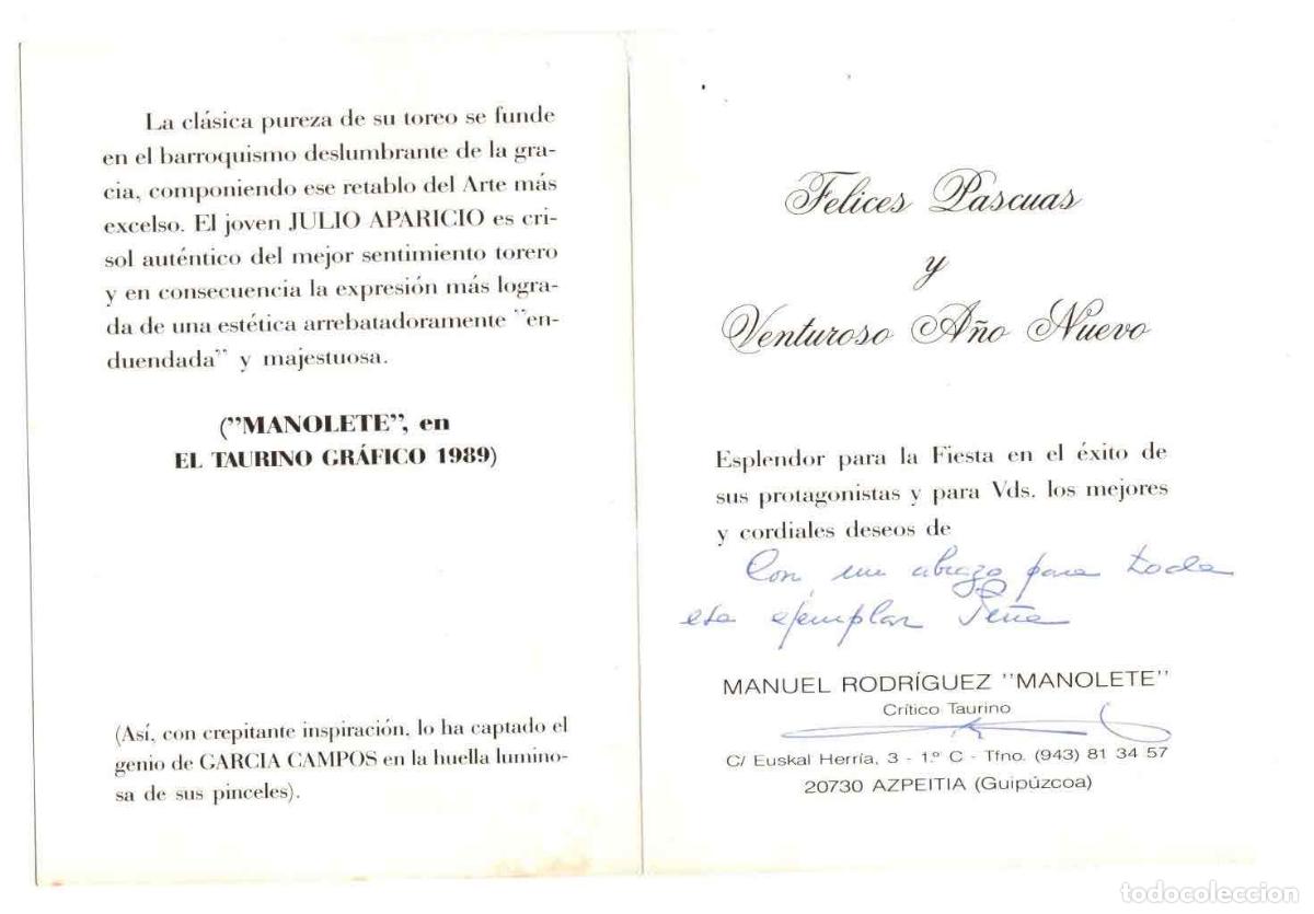 Tauromaquia: TARJETA FELICITACION DE CRITICO TAURINO MANUEL RODRIGUEZ MANOLETE. FIRMADO. A&Ntilde;O 1989