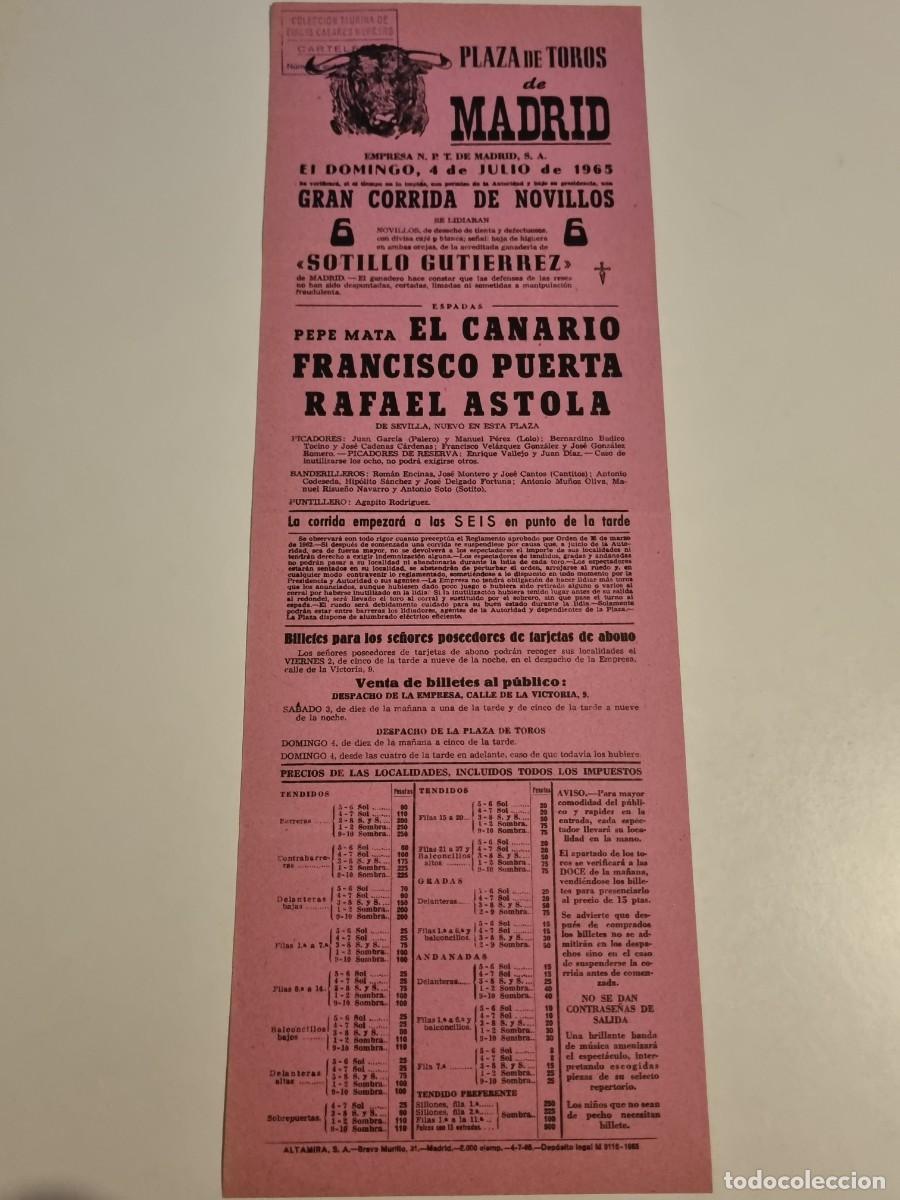 Bullfighting: CARTEL. PLAZA TOROS MADRID. 1965. GANADERIA SOTILLO GUTIERREZ. EL CANARIO, RAFAEL ASTOLA, PUERTA.
