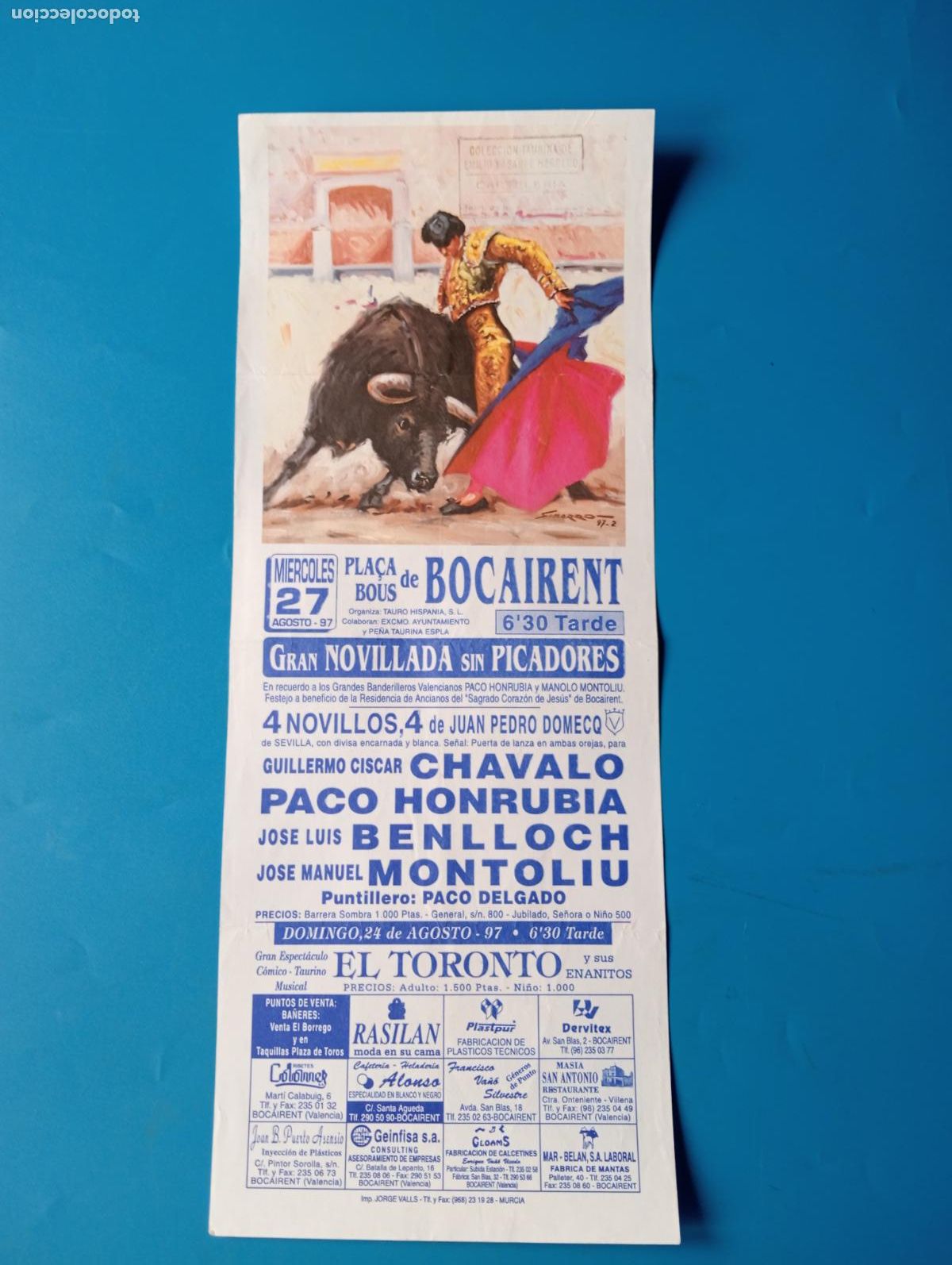 Tauromaquia: CARTEL TOROS. BOCAIRENT, VALENCIA. 1997. GANADERIA JUAN PEDRO DOMECQ. CHAVALO. HONRUBIA. BENLLOCH.