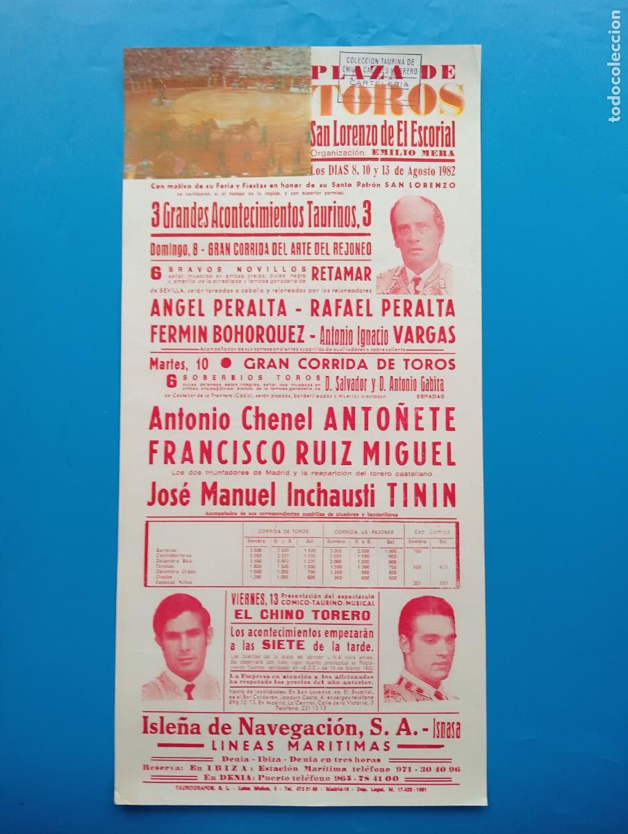 Tauromaquia: CARTEL TOROS. SAN LORENZO DEL ESCORIAL. 1982. GANADERIA RETAMAR. ANTO&Ntilde;ETE. FCO. RIUZ MIGUEL. TININ.