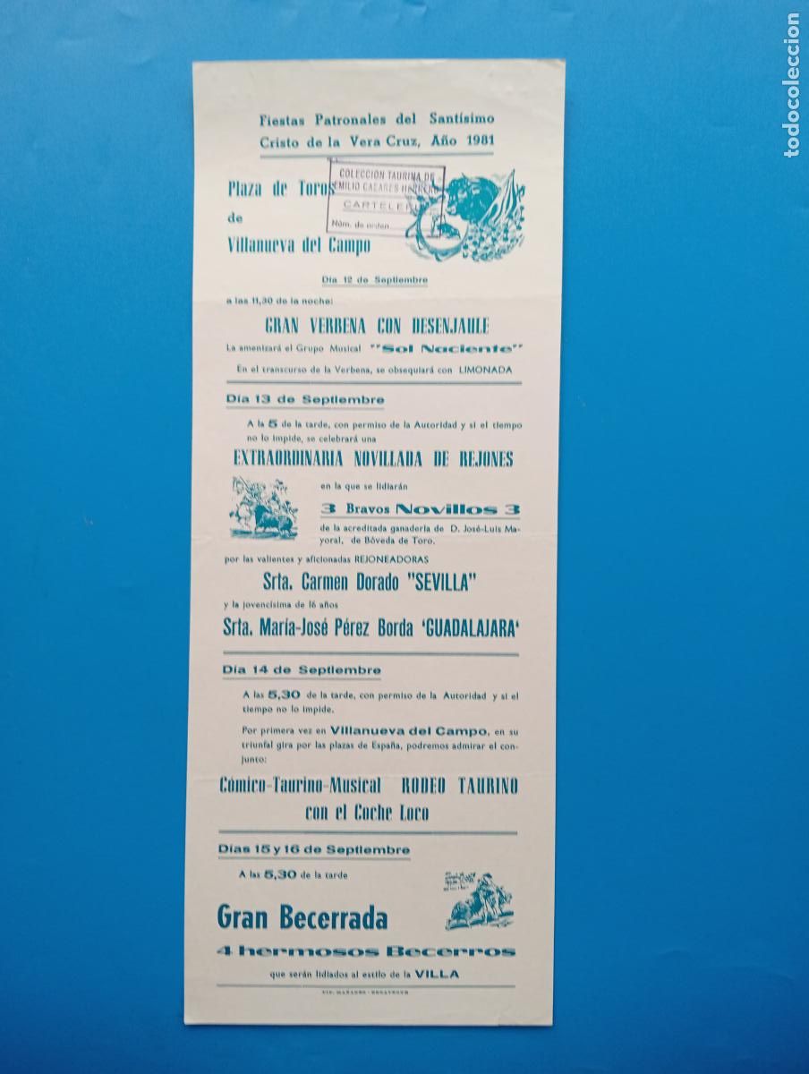 Tauromaquia: CARTEL TOROS. VILLANUEVA DEL CAMPO, ZAMORA. 1981. GANADERIA J.L. MAYORAL. REJ.CARMEN DORADO, SEVILLA