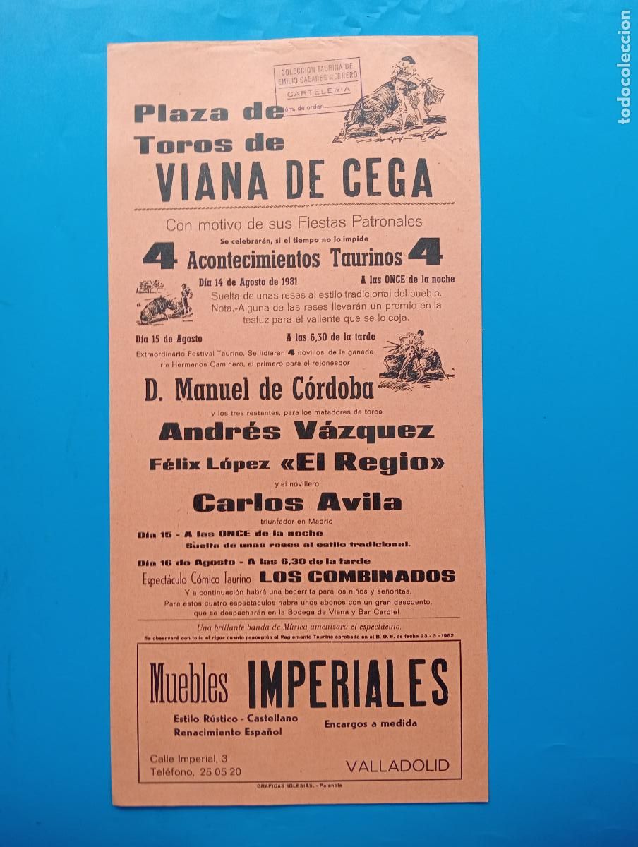 Tauromachie: CARTEL TOROS. VIANA DE CEGA, VALLADOLID. 1981. GANADERIA HNOS. CAMINERO. ANDRES VAZQUEZ. EL REGIO.
