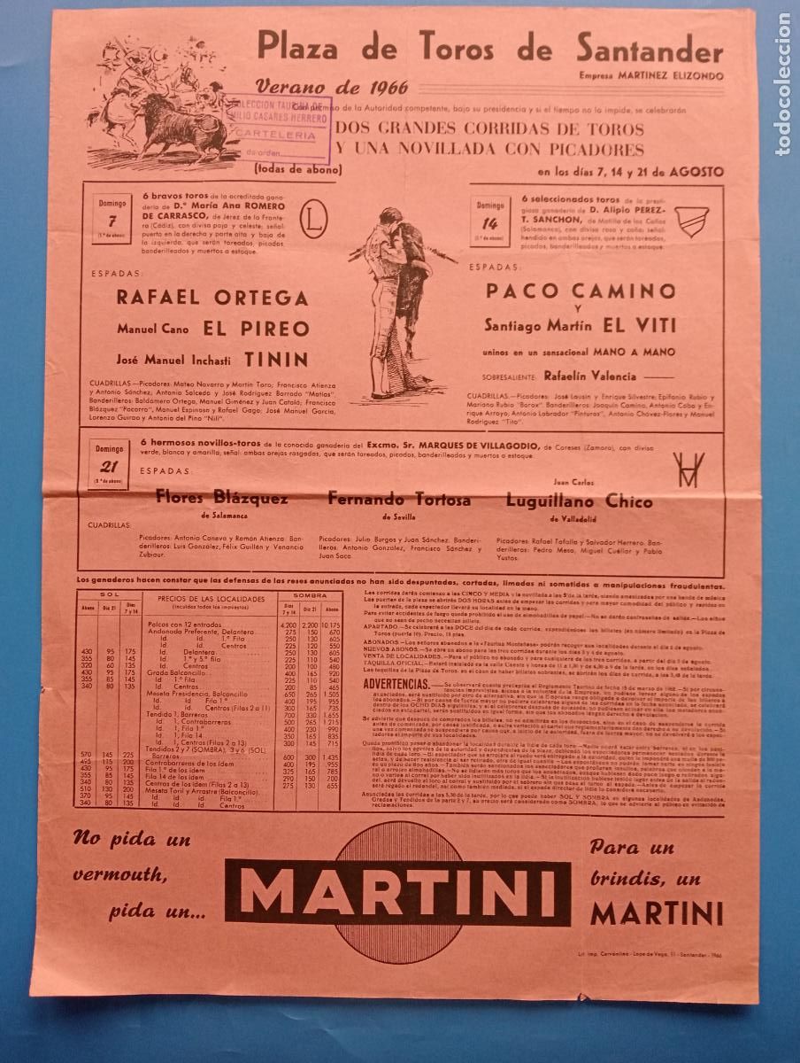 Stierkampf: CARTEL TOROS. SANTANDER. 1966. GANADERIA ROMERO DE CARRASCO. RAFAEL ORTEGA. EL PIREO. TININ. EL VITI