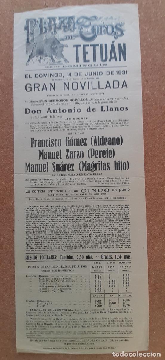 Tauromaquia: Cartel de toros. 14 junio 1931. Tetu&aacute;n. Fco. G&oacute;mez Aldeano, Manuel Zarzo Perete, M.Su&aacute;rez Magritas