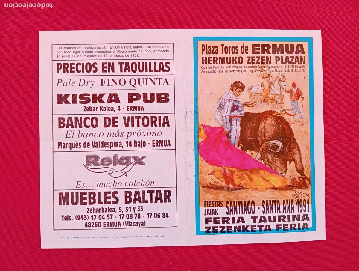 Bullfighting: PROGRAMA TOROS. ERMUA, VIZCAYA. 1991. GANADERIA JOSE L. RODRIGUEZ. CAMPANO. CHACON. LOPEZ.