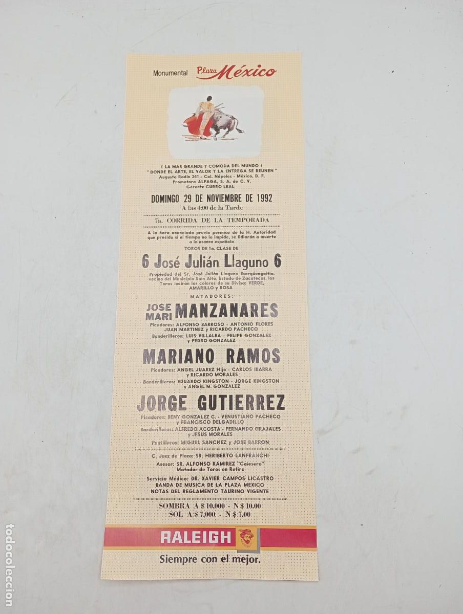 Stierkampf: CARTEL TOROS. MEXICO. 1992. GANADERIA JULIAN LLAGUNO. MANZANARES. MARIANO RAMOS. JORGE GUTIERREZ.