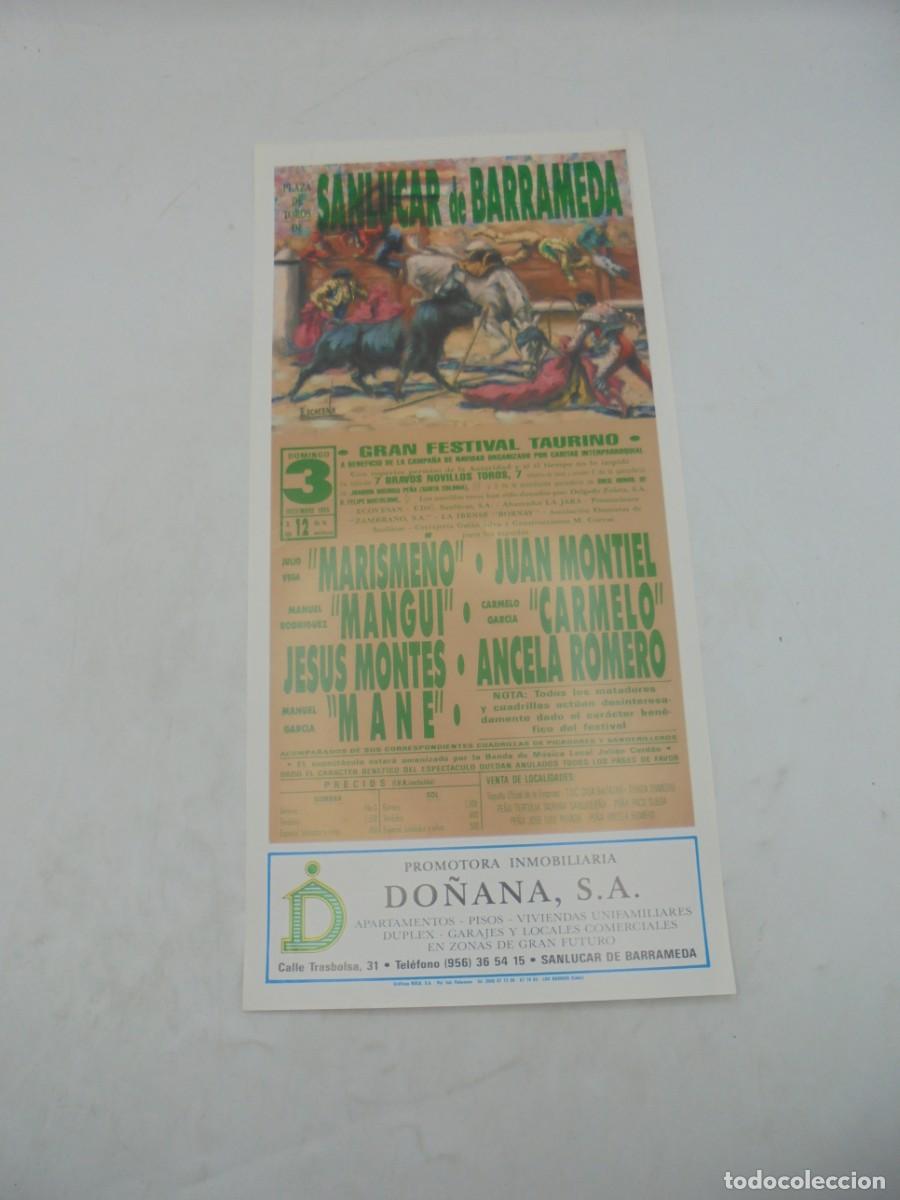 Tauromaquia: CARTEL TOROS. SANLUCAR DE BARRAMEDA. 1989. GANADERIA JOAQUIN BUENDIA. MARISME&Ntilde;O. MANGUI. CARMELO.