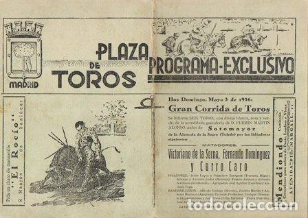 Tauromaquia: PLAZA DE TOROS DE MADRID - PROGRAMA EXCLUSIVO DOMINGO 3 MAYO 1936 - A-TO-2092