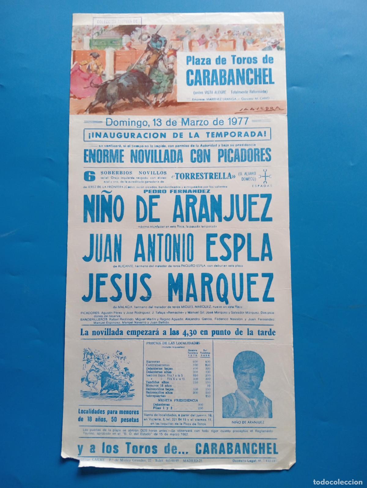 Tauromaquia: CARTEL TOROS. CARABANCHEL. 1977. GANADERIA TORRESTRELLA. NI&Ntilde;O DE ARANJUEZ. ESPLA. JESUS MARQUEZ.