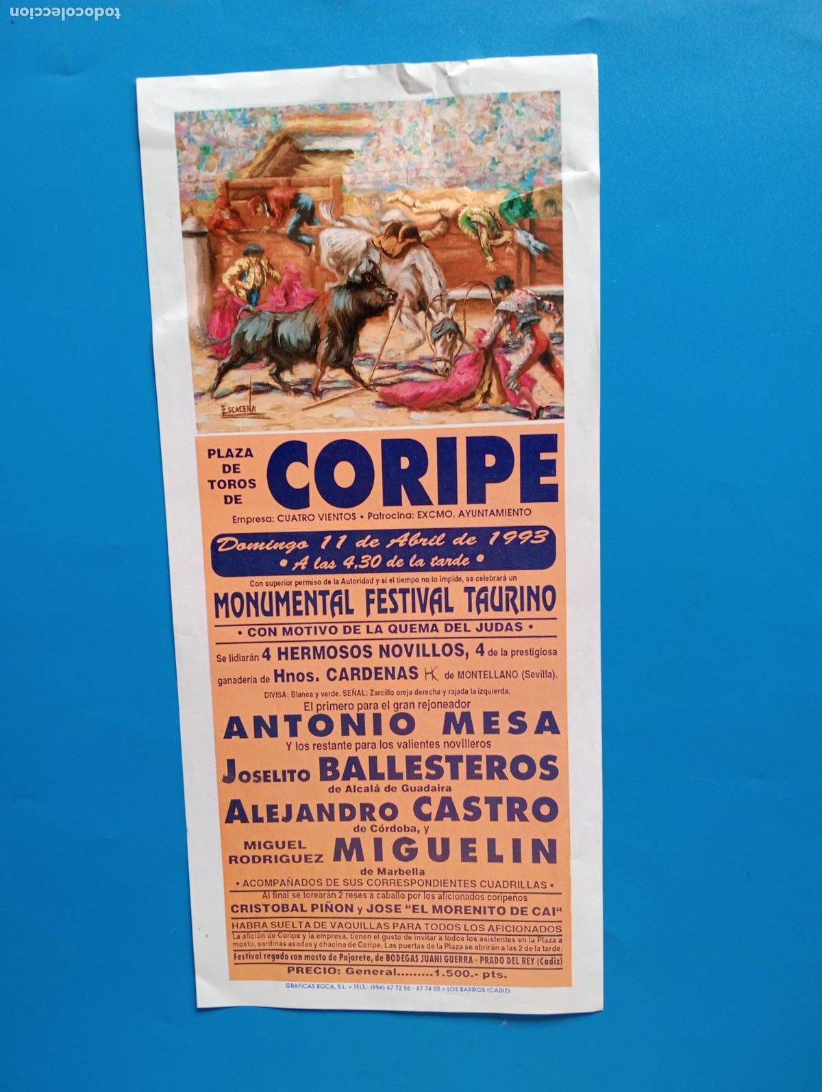 Tauromachie: CARTEL TOROS. CORIPE, SEVILLA. 1993. GANADERIA HNOS. CARDENAS. ANTONIO MESA. BALLESTEROS. CASTRO.