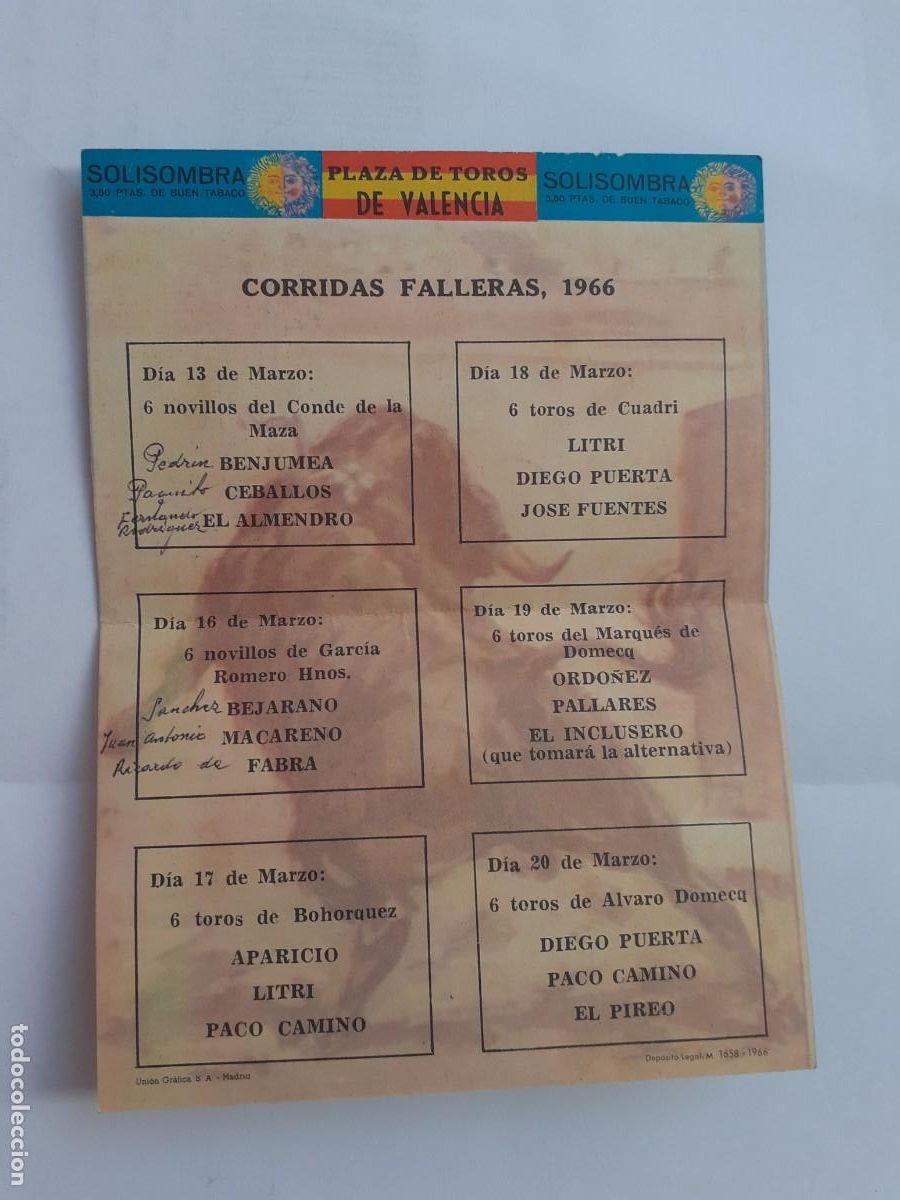 Tauromaquia: PROGRAMA DE MANO - SOLISOMBRA PROGRAMA PLAZA DE TOROS DE VALENCIA A&Ntilde;O 1966 CORRIDAS FALLERAS - Foto 4