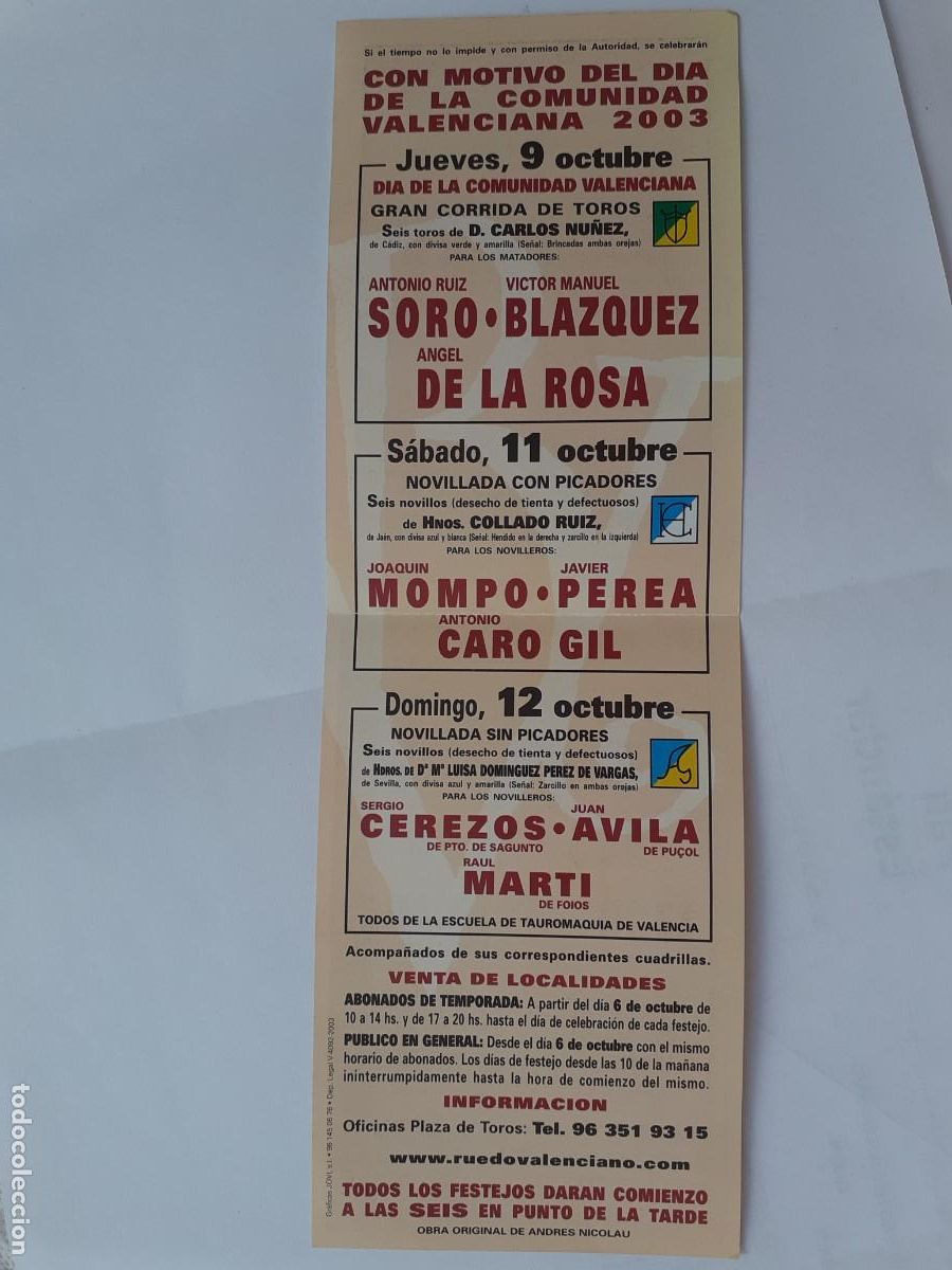 Tauromaquia: PROGRAMA DE MANO - PROGRAMA PLAZA DE TOROS DE VALENCIA A&Ntilde;O 2003 DEL DIA DE LA COMUNIDAD - Foto 2