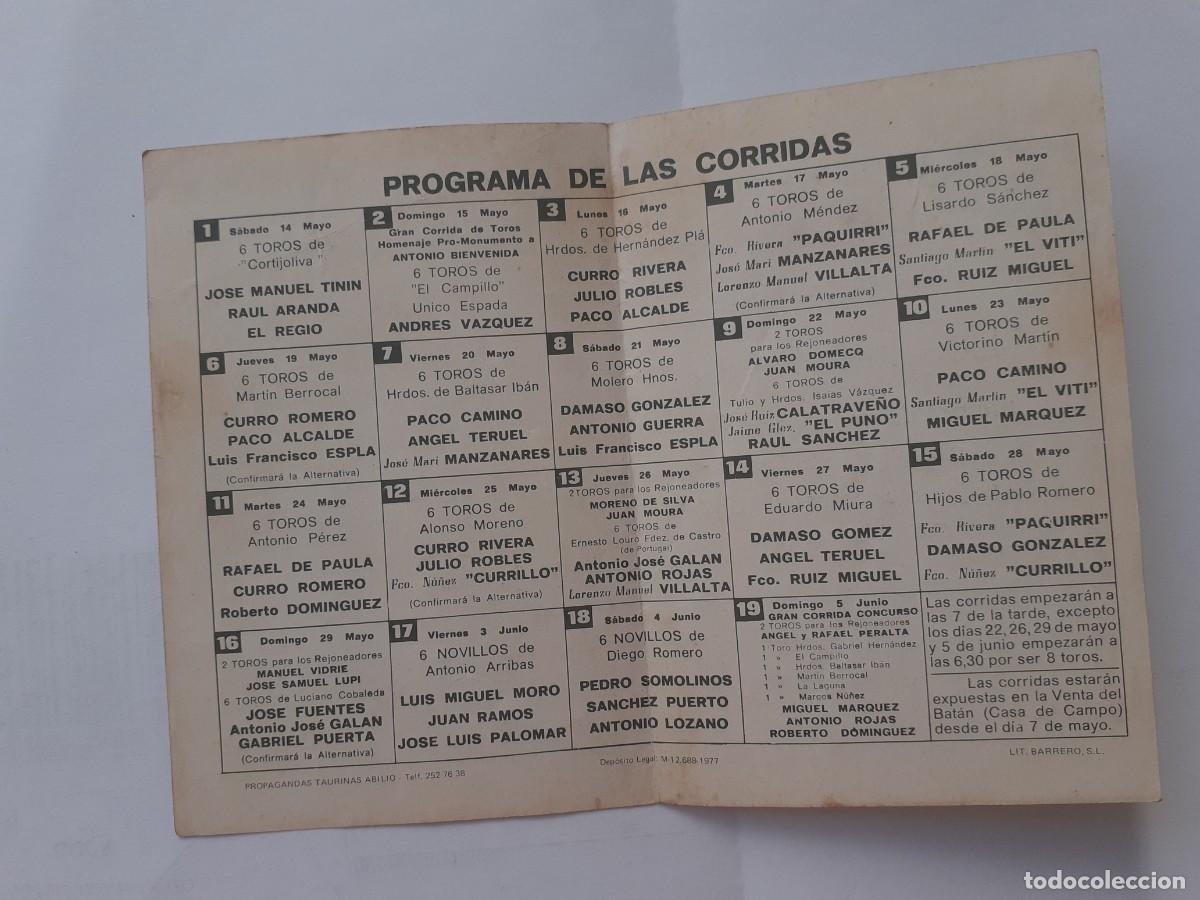 Tauromaquia: PROGRAMA DE MANO - PROGRAMA PLAZA DE TOROS DE MADRID - FERIA DE SAN ISIDRO 1977 - Foto 2