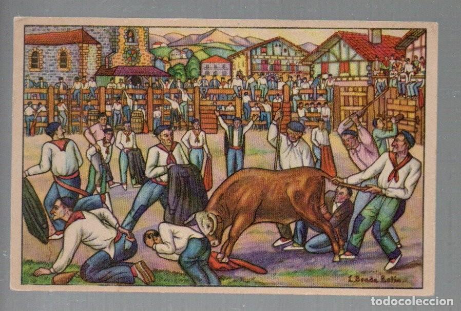 Bullfighting: ANTIGUA POSTAL, ESTAMPAS VASCAS. N&ordm; 6 - CAIDA AL DESCUBIERTO. GRAF. LABORDE Y LABAVEN
