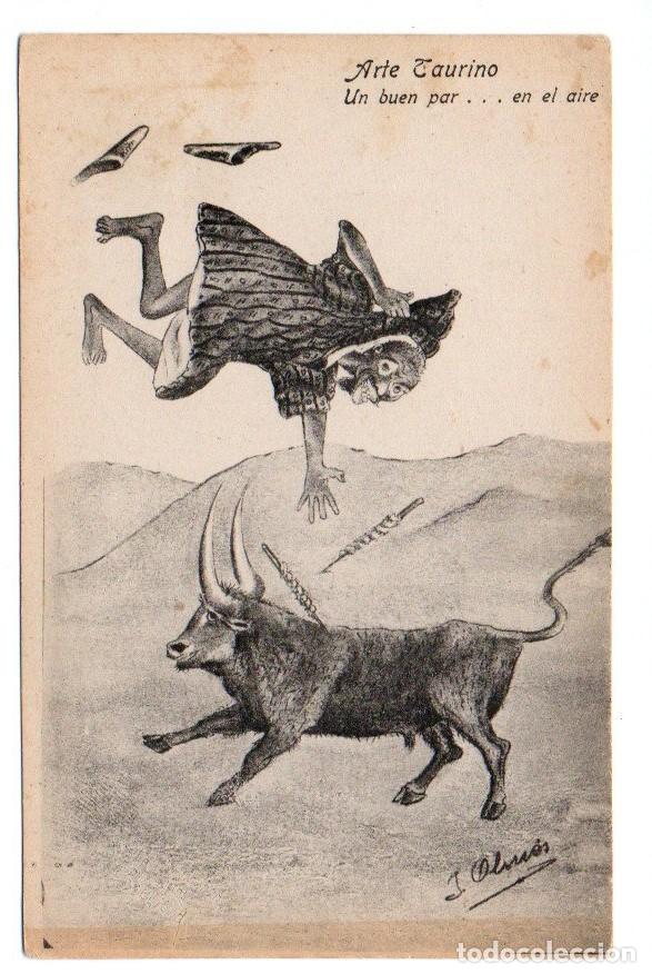 Bullfighting: ANTIGUA POSTAL, ARTE TAURINO. UN BUEN PAR... EN EL AIRE. ILUSTRADOR J. OLMOS. ED. BOIX HERMANOS. S/C
