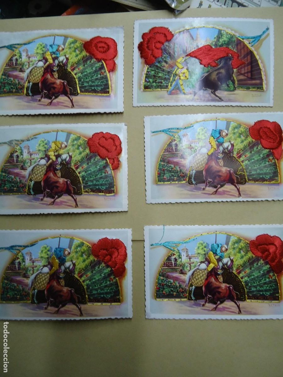 Tauromaquia: 6 POSTALES TOROS BORDADAS 6 - Foto 2