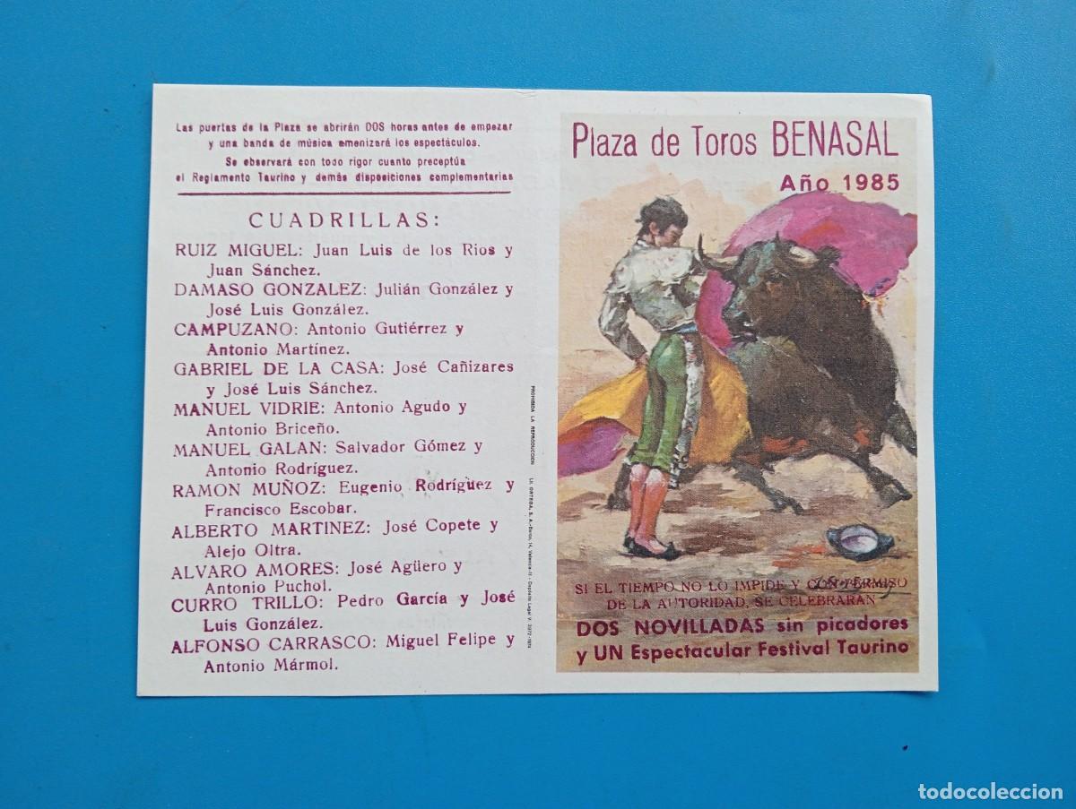 Bullfighting: PROGRAMA DE TOROS. BENASAL, CASTELLON. 1985. GANADERIA MANUEL VIDRIE. MANUEL SOTO. ALBERTO MARTINEZ.