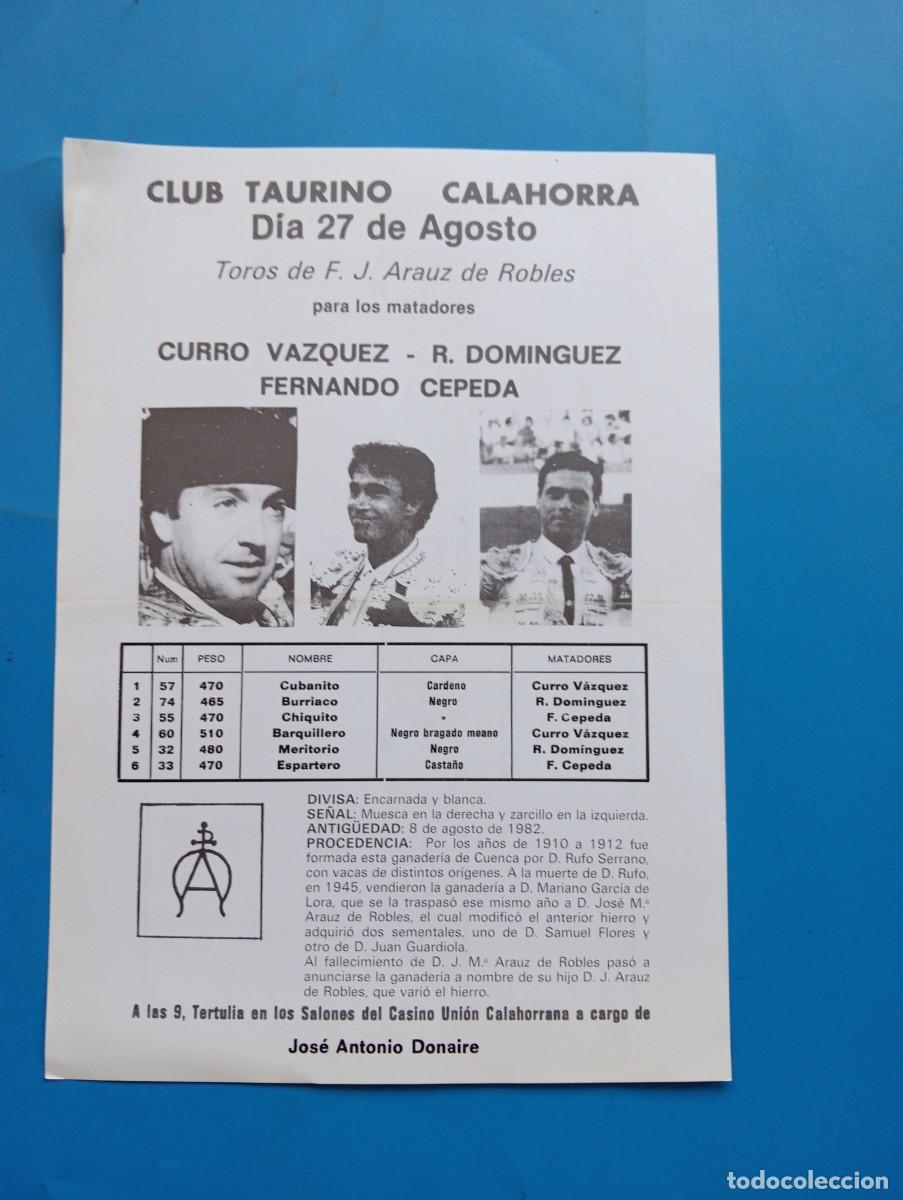 Stierkampf: PROGRAMA DE TOROS. CALAHORRA, LA RIOJA. GANADERIA ARAUZ DE ROBLES. CURRO VAZQUEZ. DOMINGUEZ. CEPEDA.
