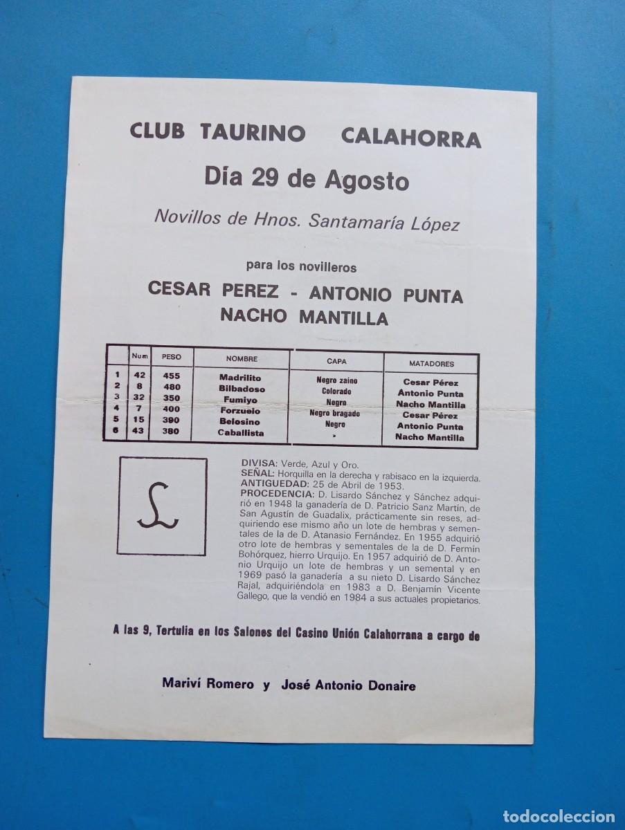 Stierkampf: PROGRAMA DE TOROS. CALAHORRA, LA RIOJA. GANADERIA HNOS. SANTAMARIA. CESAR PEREZ. ANTONIO PUNTA.NACHO
