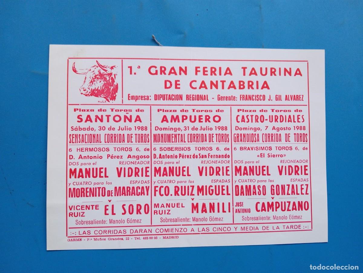 Bullfighting: PROGRAMA DE TOROS. CANTABRIA. 1988. GANADERIA SANTO&Ntilde;A. MANUEL VIDRIE. EL SORO. AMPUERO. MANILI.