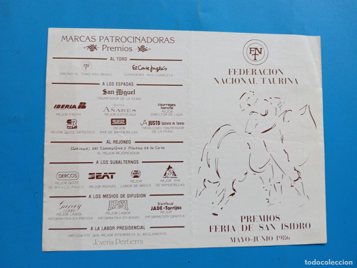 Stierkampf: PROGRAMA DE TOROS. MADRID. 1986. GANADERIA TORREALTA. DAMASO GONZALEZ. CAMPUZANO. MENDES. ESPLA.CANO