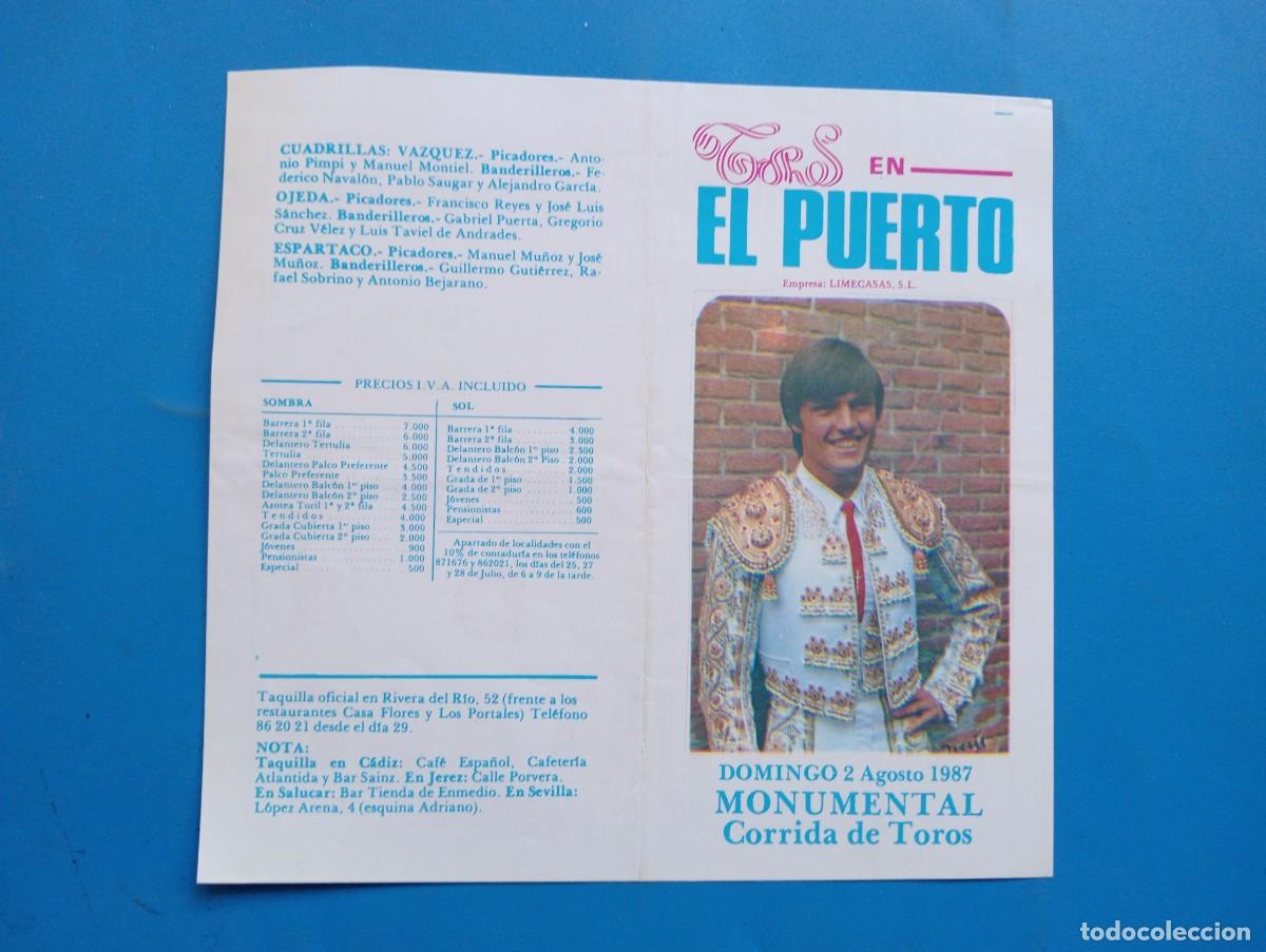 Bullfighting: PROGRAMA DE TOROS. EL PUERTO. 1987. GANADERIA PERALTA. CURRO VAZQUEZ. PACO OJEDA. ESPARTACO.