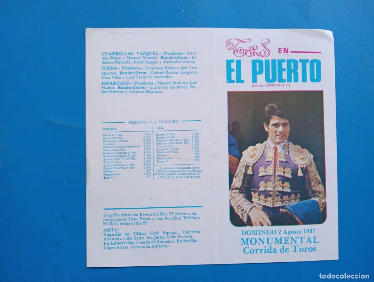 Bullfighting: PROGRAMA DE TOROS. EL PUERTO. 1987. GANADERIA PERALTA. CURRO VAZQUEZ. PACO OJEDA. ESPARTACO.