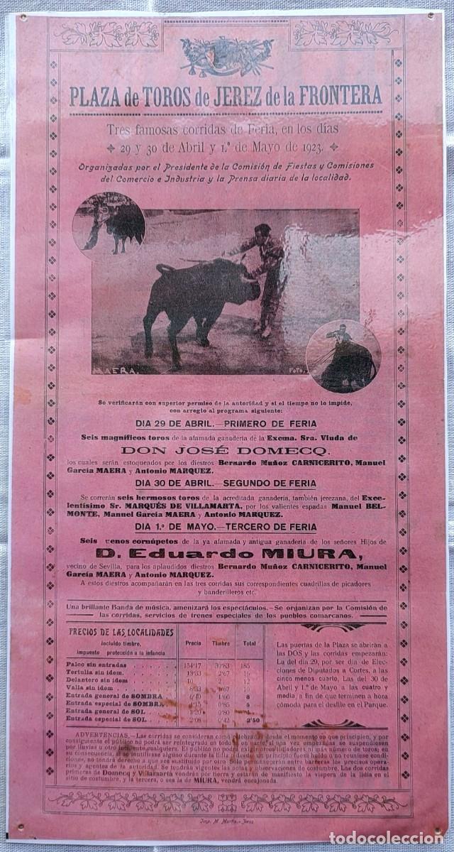 Tauromachia: Facsimil cartel Jerez de la Frontera Plaza de Toros - Eduardo Miura - Feria Mayo 1923 Plastificado