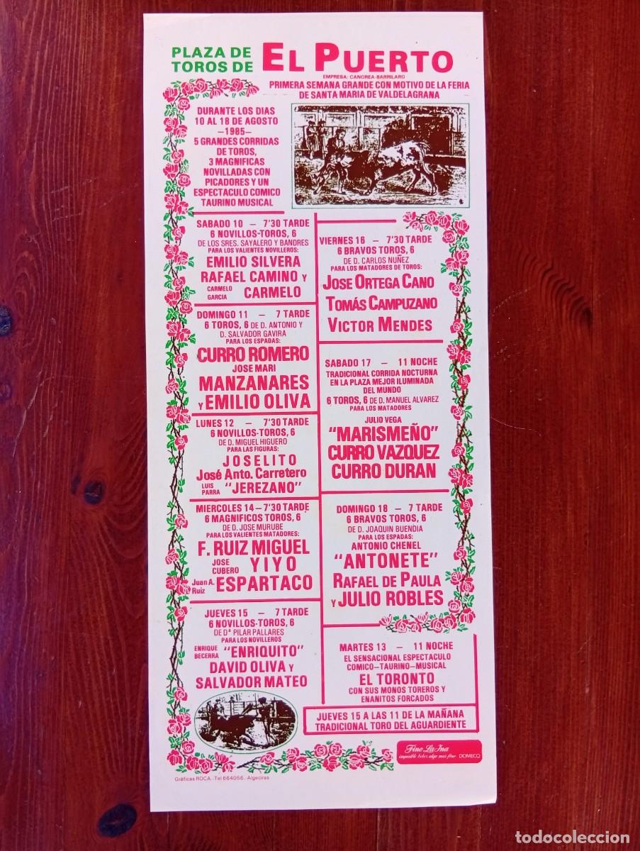 Bullfighting: CARTEL TOROS. EL PUERTO. 1985. GANADERIA SRES. SAYALERO Y BANDRES. EMILIO SILVERA. RAFAL CAMINO.