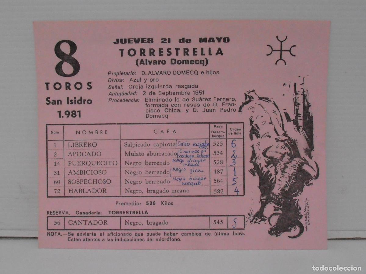 Tauromaquia: PROGRAMA 8 TOROS SAN ISIDRO 1981, TORRESTRELLA ALVARO DOMECQ - Foto 1