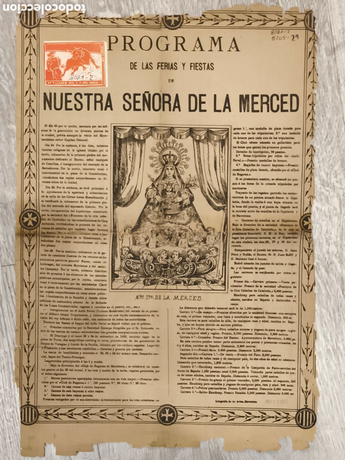 Tauromaquia: 1883-Programa de las ferias Nuestra se&ntilde;ora de la Merced - Foto 1