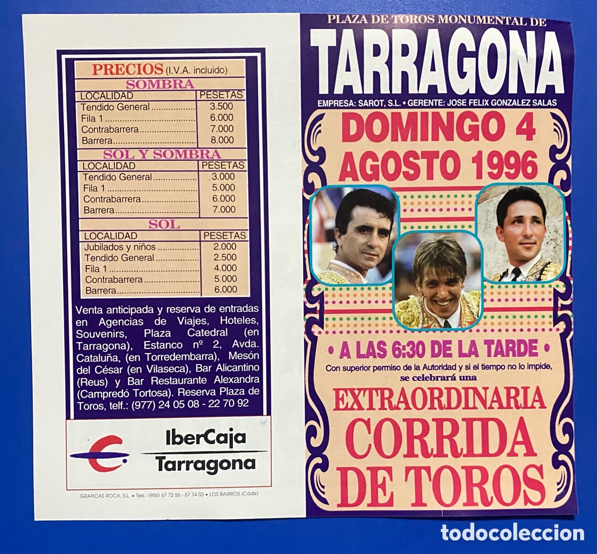 Tauromaquia: Toros Tarragona 1996 El Cordobes Ortega Cano