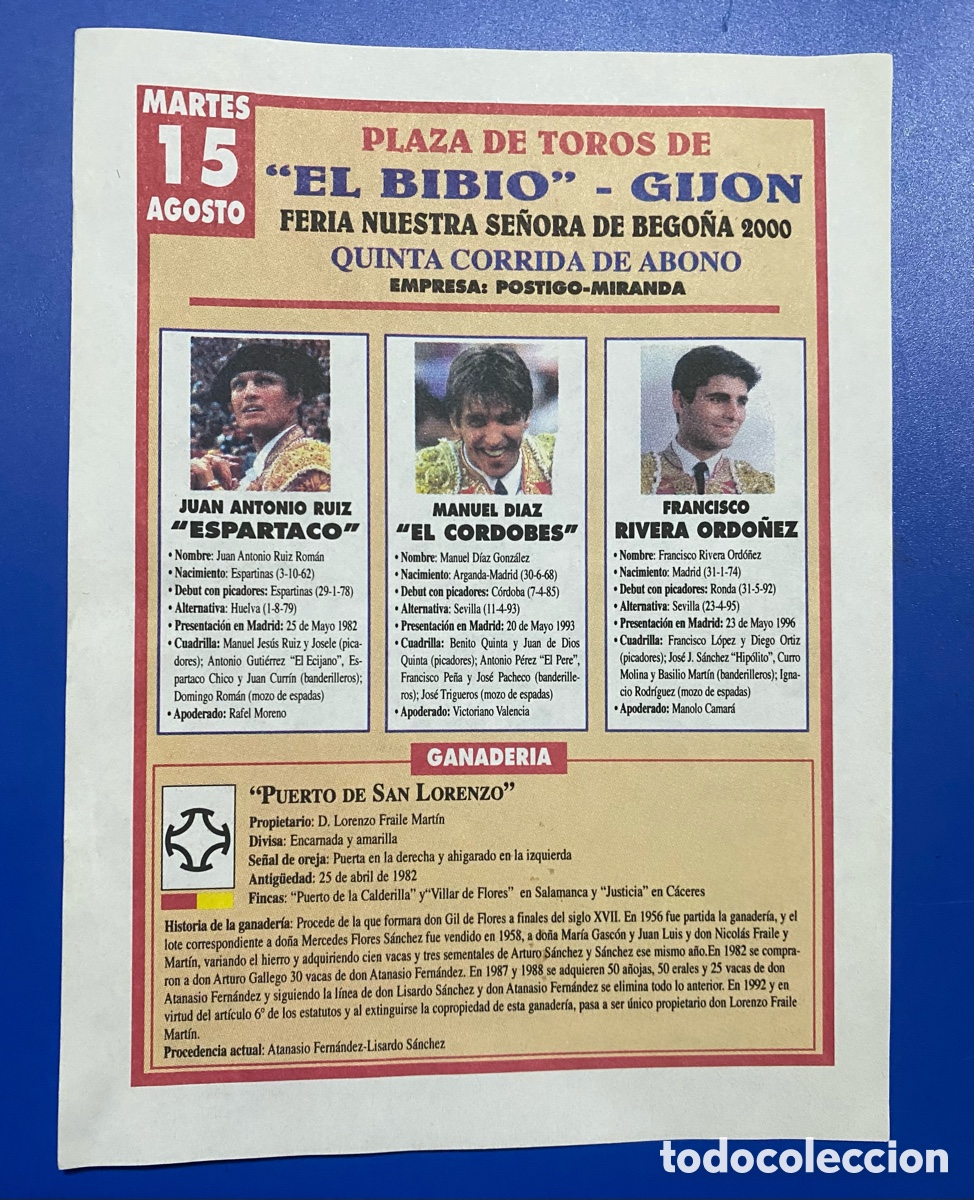 Bullfighting: Toros Gijon 2000 Espartaco Cordobes Ordo&ntilde;ez