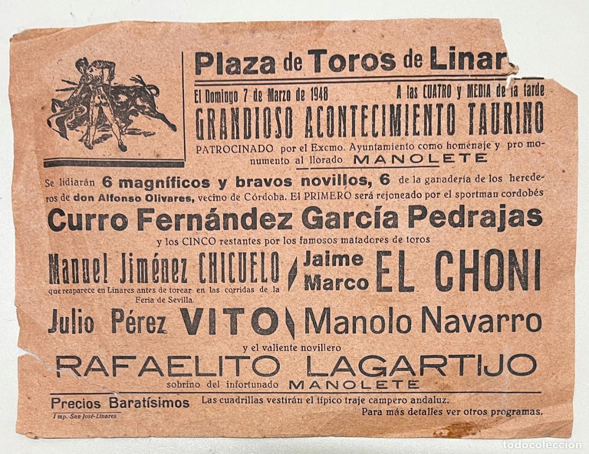 Tauromaquia: CARTELITO DE TOROS DE LA PLAZA DE TOROS DE LINARES, 7 DE MARZO DE 1948, HOMENAJE A MANOLETE, REJONEA