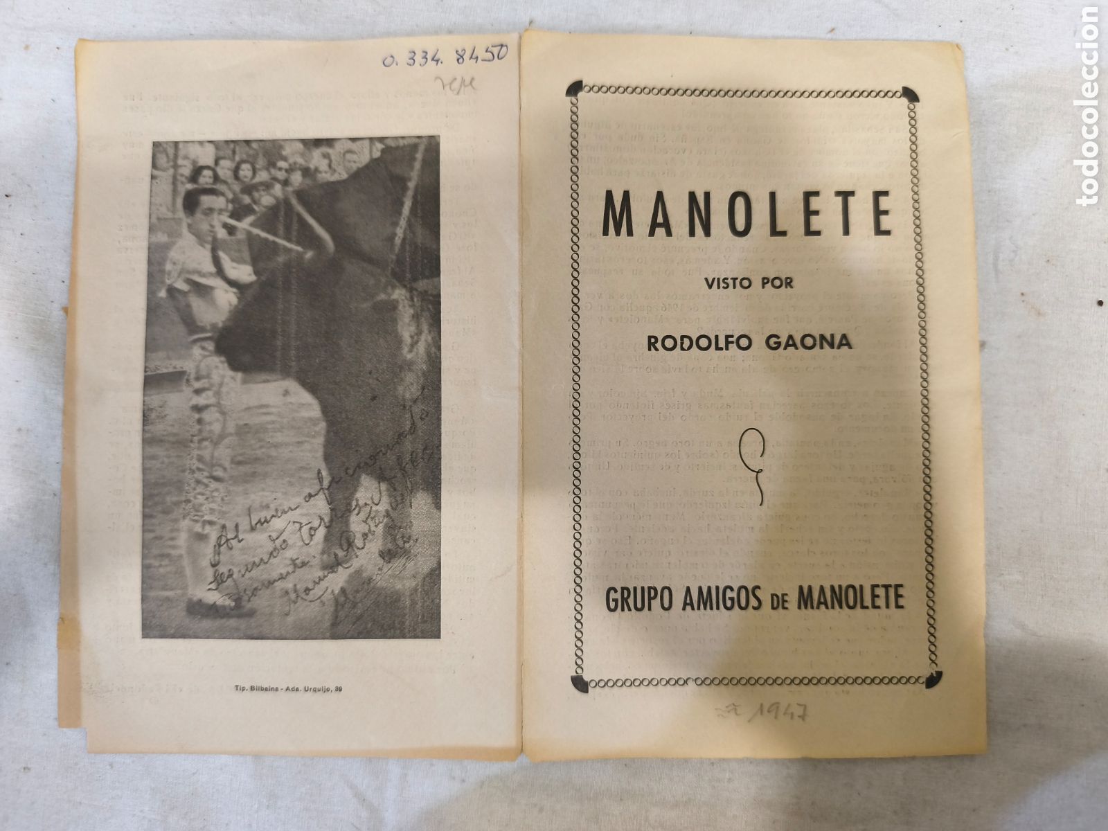 Tauromaquia: 1947 MANOLETE VISTO POR RODOLFO GAONA