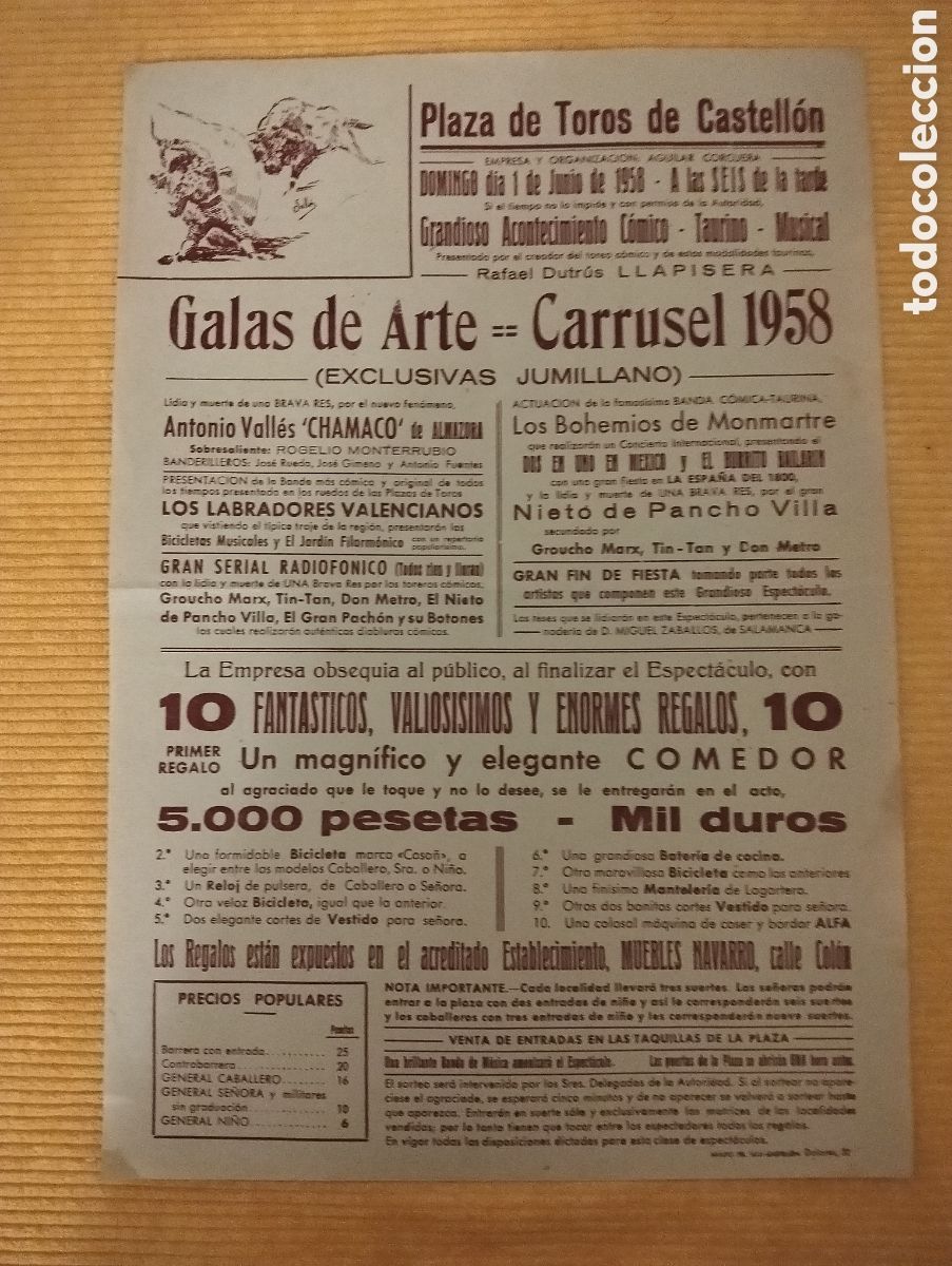 Tauromaquia: CARTEL - PLAZA DE TOROS CASTELLON - 1 JUNIO 1958 - GALAS DE ARTE CARRUSEL - EXCLUSIVAS JUMILLANO
