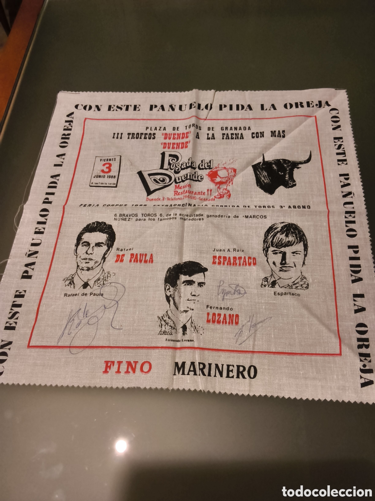 Tauromaquia: Cartel pa&ntilde;uelo Toros firmado. Rafael de Paula,Espartaco y Fernando Lozano. Granada 1988