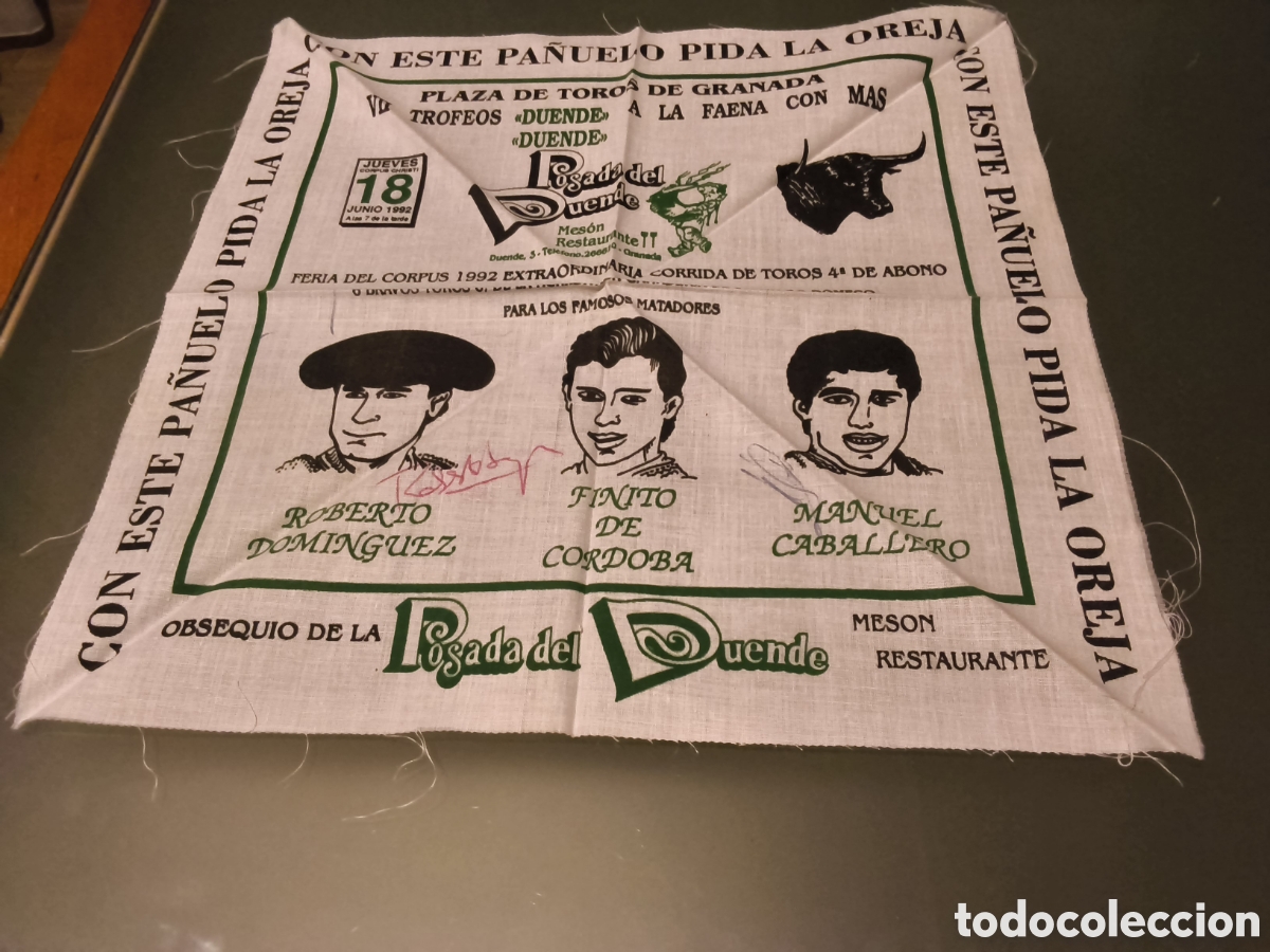 Tauromaquia: Cartel pa&ntilde;uelo Toros firmado. Roberto Dom&iacute;nguez, Finito de C&oacute;rdoba, Manuel Caballero. Granada 1992