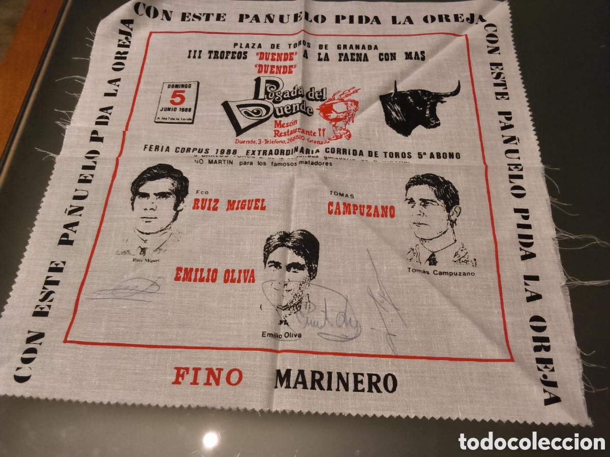 Tauromaquia: Cartel pa&ntilde;uelo Toros firmado. Ruiz Miguel, Tom&aacute;s Campuzano, Emilio Oliva.Granada 1988