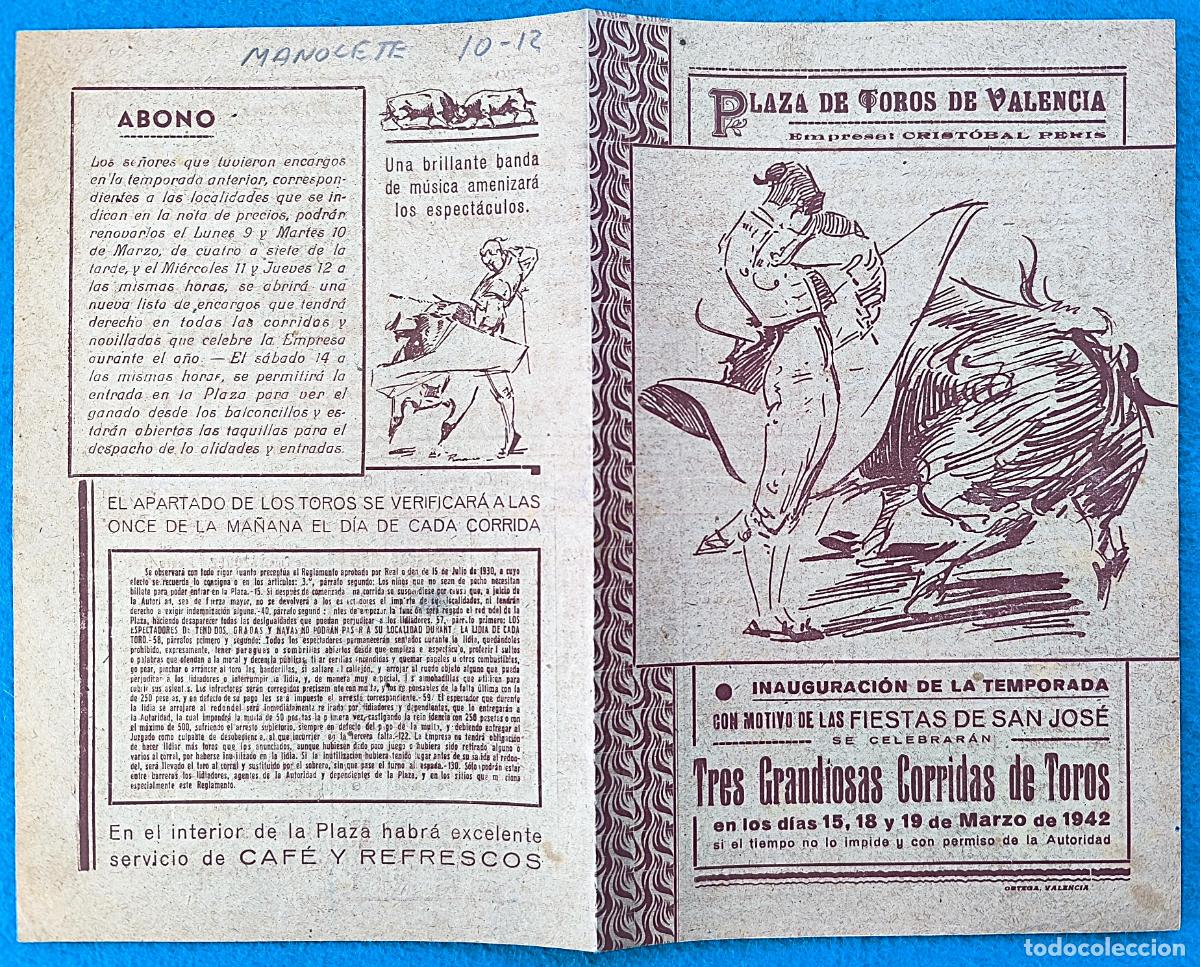 Tauromaquia: RW PROGRAMA TOROS PLAZA VALENCIA 1942 MANOLETE BIENVENIDA BARRERA ORIGINAL PT57