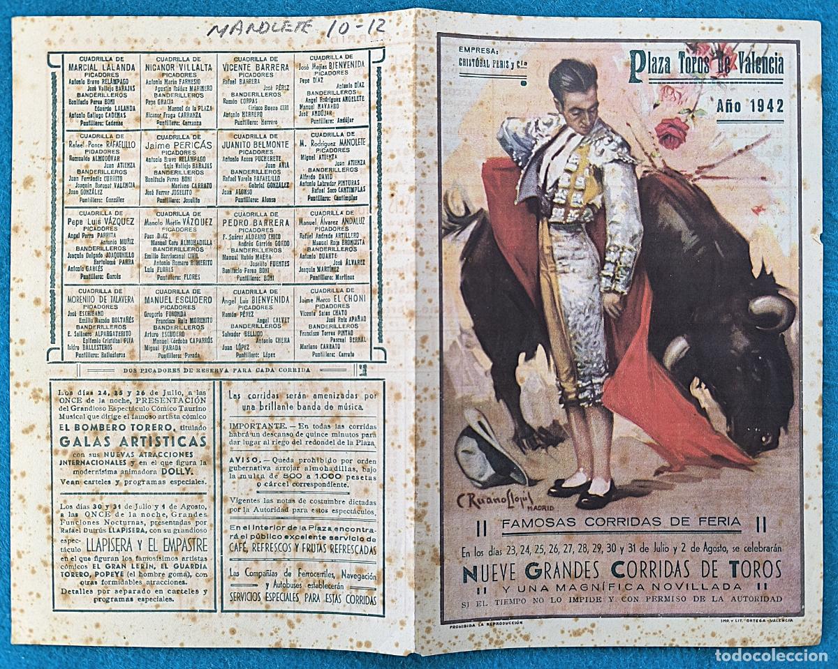 Tauromaquia: RW PROGRAMA TOROS PLAZA VALENCIA 1942 MANOLETE BELMONTE TALAVERA ORIGINAL PT58
