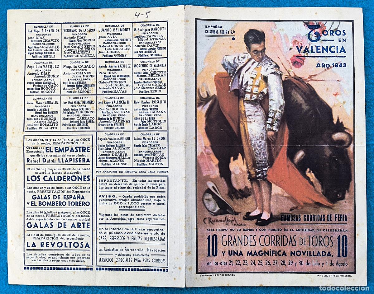 Tauromaquia: RW PROGRAMA TOROS PLAZA VALENCIA 1943 MANOLETE VAZQUEZ BELMONTE ORIGINAL PT62
