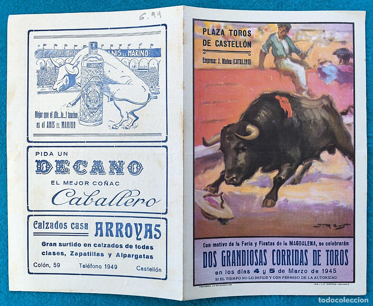 Tauromaquia: RW PROGRAMA TOROS PLAZA CASTELLON 1945 BIENVENIZA ARRUZA VAZQUEZ ORIGINAL PT64