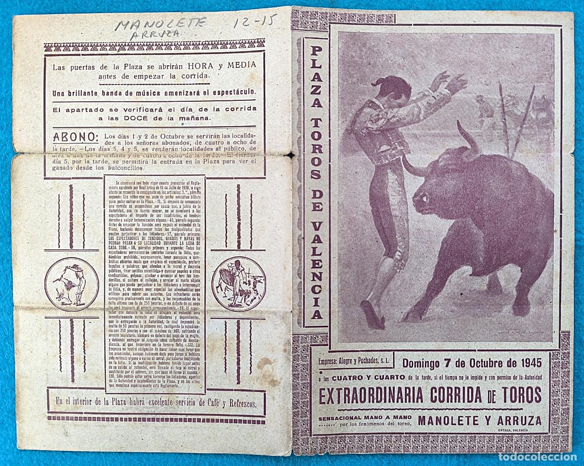 Tauromaquia: RW PROGRAMA TOROS PLAZA VALENCIA 1945 MANOLETE ARRUZA ORIGINAL PT66