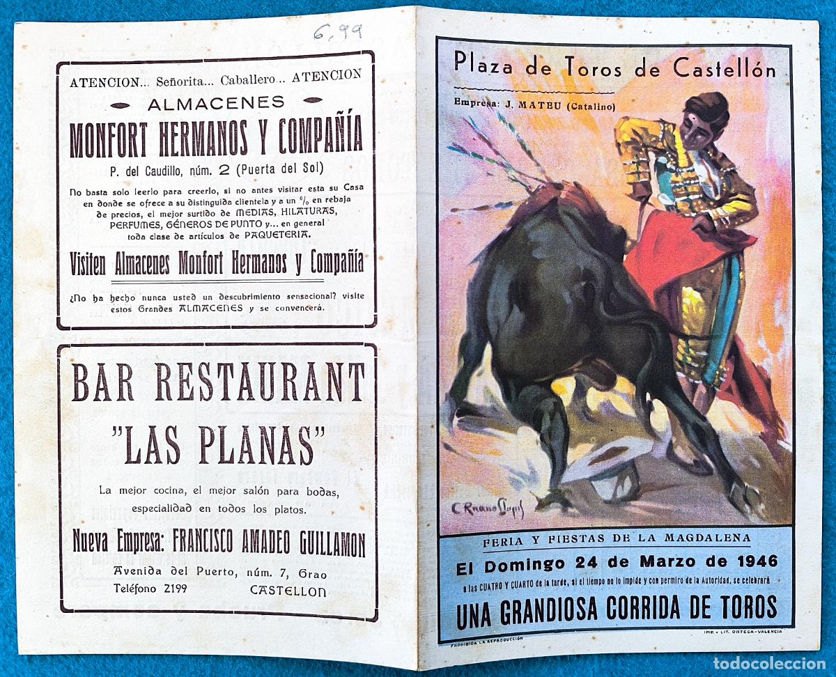 Tauromaquia: RW PROGRAMA TOROS PLAZA CASTELLON 1946 MORENITO DE TALAVERA JULIAN MARIN ORIGINAL PT67